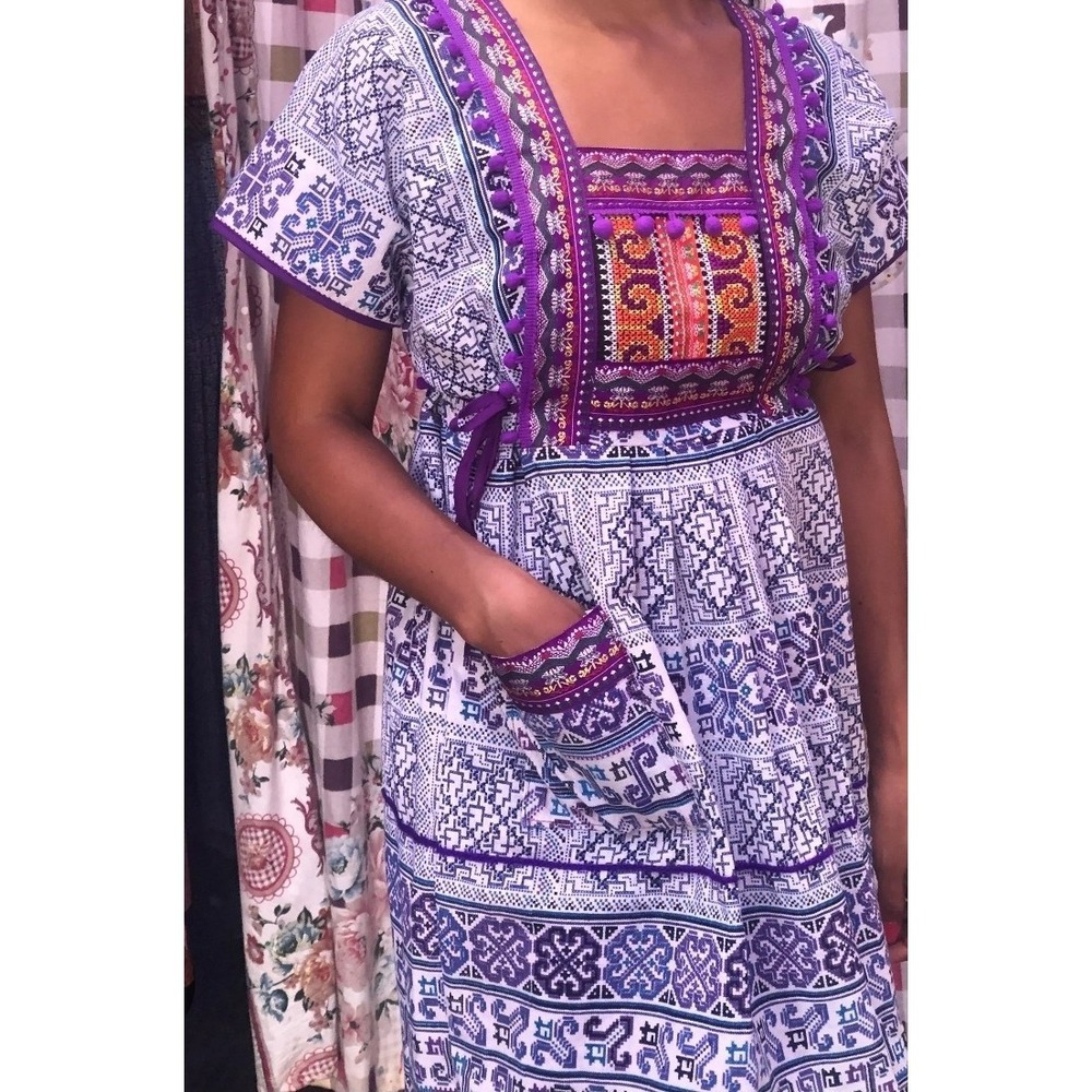 Handmaid Folklore Cross-Stich Handmade Dress PomPoms Tunic Oaxaca Sz M/L #679